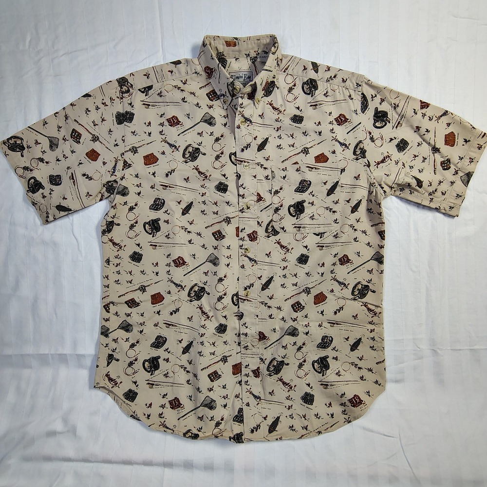 Bimini Bay Outfitters Mens Fly Fishing Print Short Sleeve Button Down‎ Shirt Tan